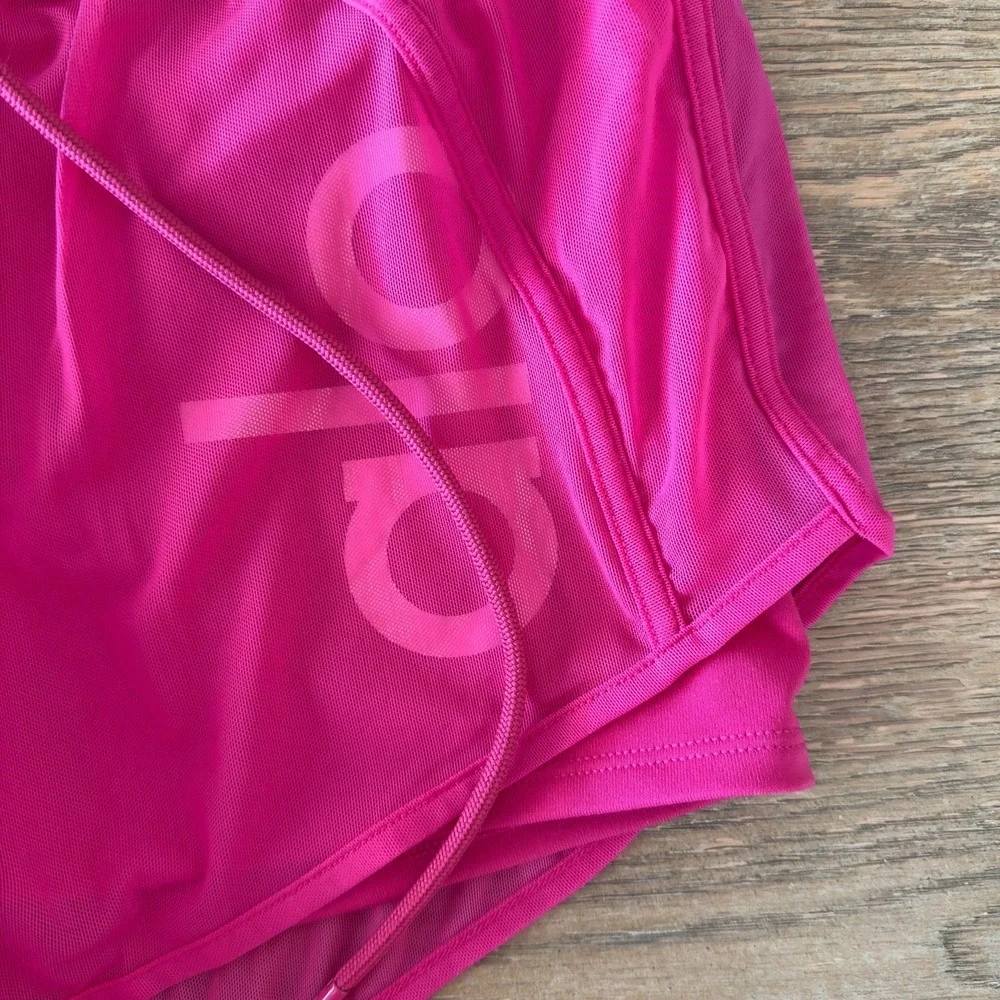 Alo Yoga Ambience Micro Mesh-Overlay Gym Workout Shorts-Lined-Neon Pink-Size XS